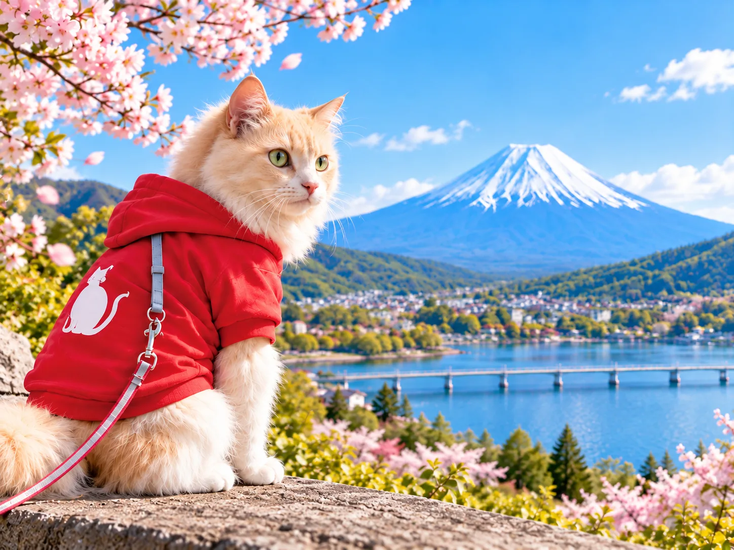 赤いパーカーのリリちゃんと富士山